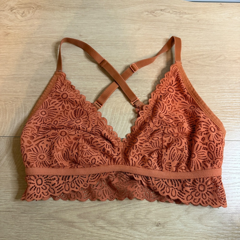 Auden Rust Orange Floral Lace Bralette Adjustable Cross Back Longline Medium